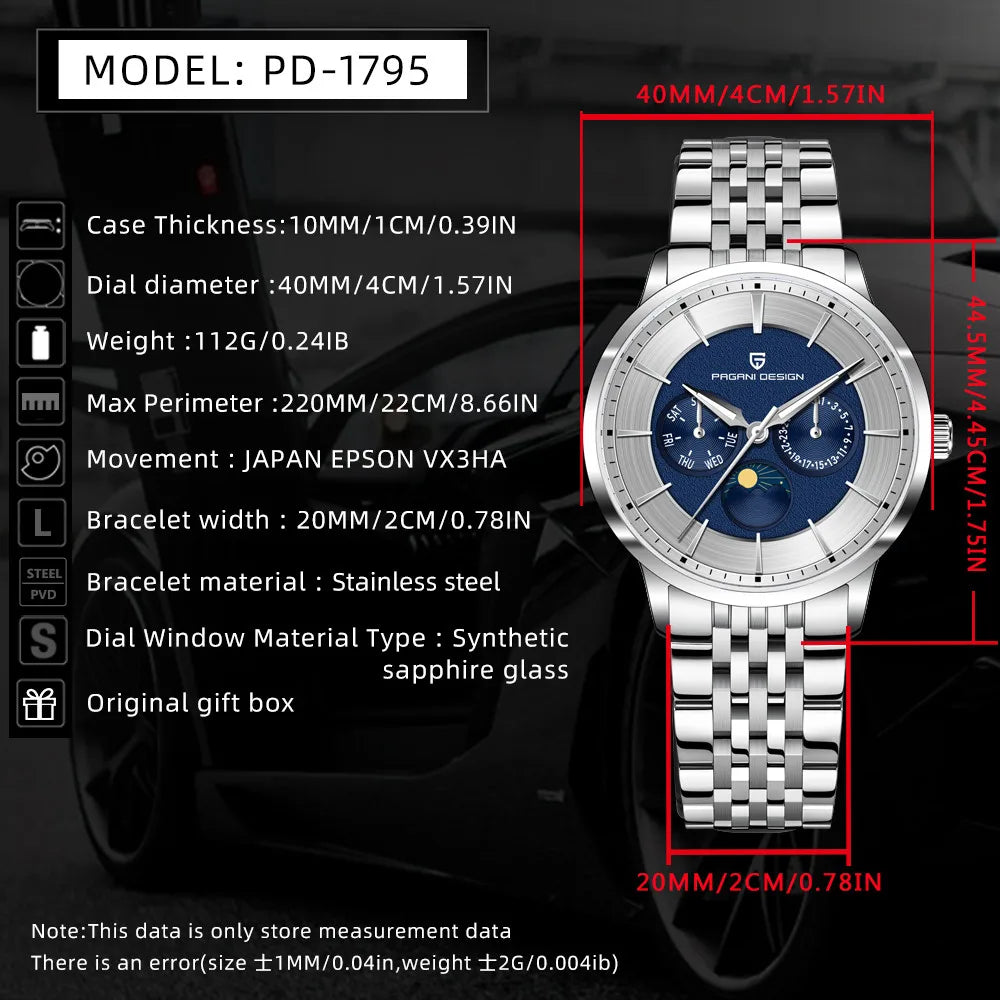 Pagani Design 2025 New 40mm Moon Phase Multifunctional Men Watch 100m Waterproof Sapphire Glass Men Quartz Watches