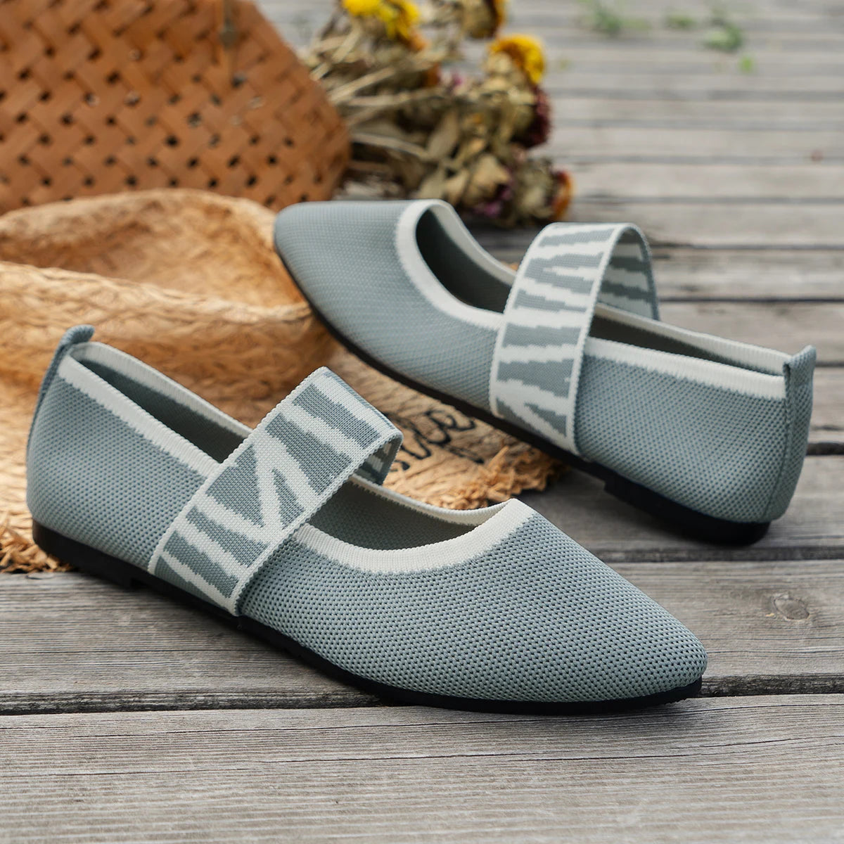 Knitted Color-block Women's Flat Shoes Dressy Ballet Flats Casual striped straps Pointed Toe Loafers Female