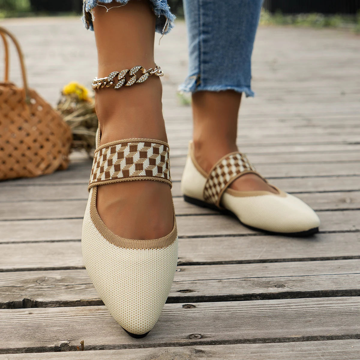 Knitted Color-block Women's Flat Shoes Dressy Ballet Flats Casual striped straps Pointed Toe Loafers Female