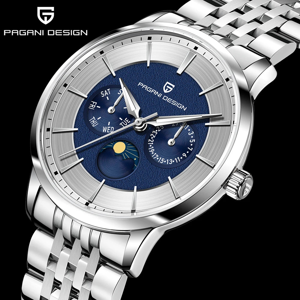 Pagani Design 2025 New 40mm Moon Phase Multifunctional Men Watch 100m Waterproof Sapphire Glass Men Quartz Watches