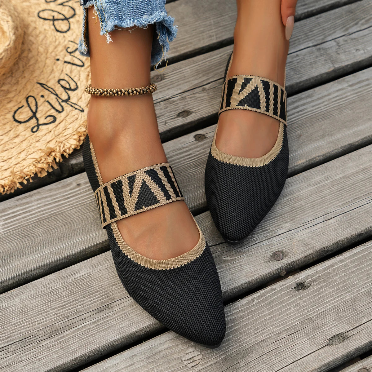 Knitted Color-block Women's Flat Shoes Dressy Ballet Flats Casual striped straps Pointed Toe Loafers Female