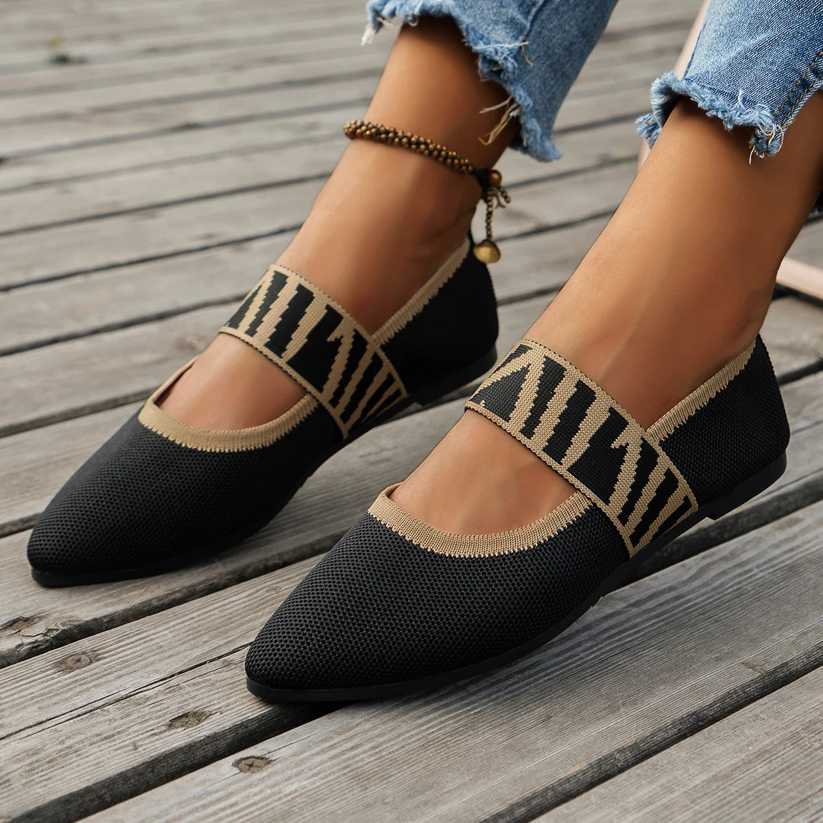Knitted Color-block Women's Flat Shoes Dressy Ballet Flats Casual striped straps Pointed Toe Loafers Female