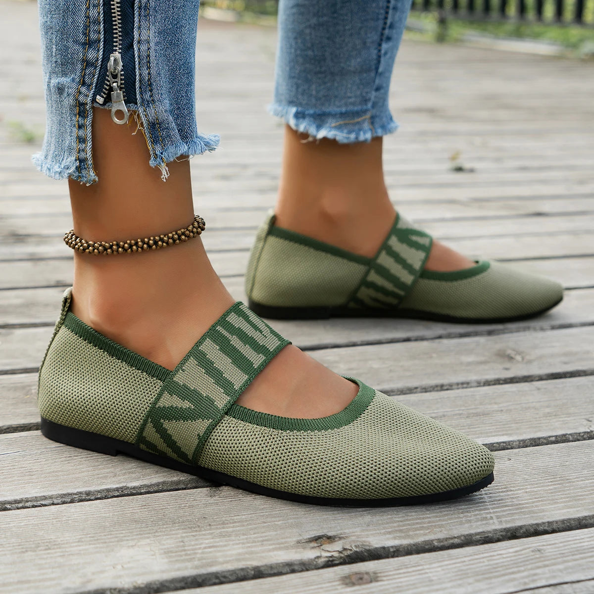 Knitted Color-block Women's Flat Shoes Dressy Ballet Flats Casual striped straps Pointed Toe Loafers Female