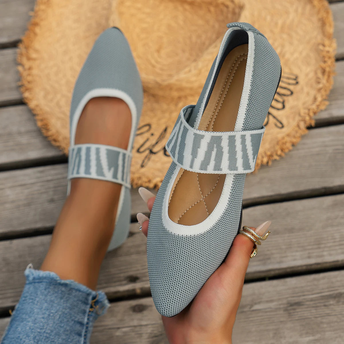 Knitted Color-block Women's Flat Shoes Dressy Ballet Flats Casual striped straps Pointed Toe Loafers Female