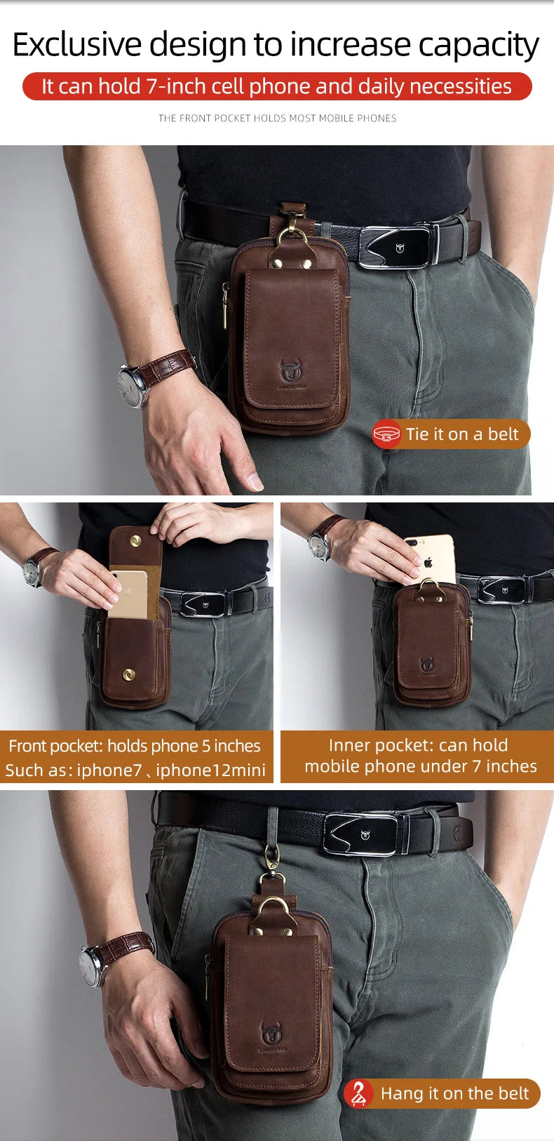 BULLCAPTAIN Fashion Quality Leather Small Summer Pouch Hook Design Waist Pack Bag Cigarette Case 6" Phone Pouch Waist Belt Bag