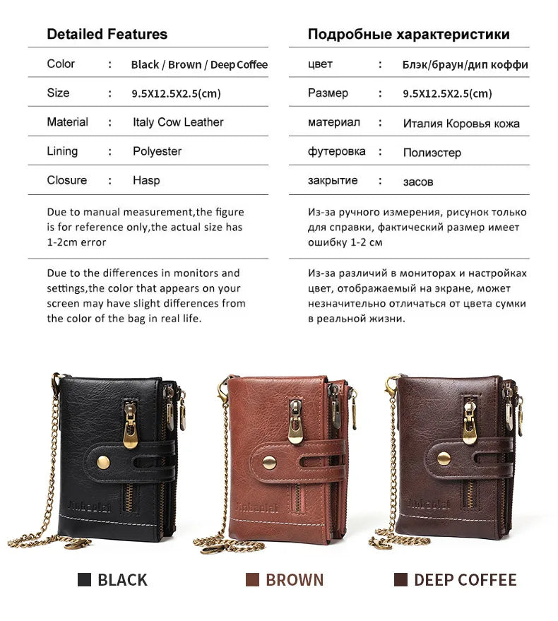 JINBAOLAI New Men's Wallet Chain Retro Double Zipper Coin Pocket Male Wallet Money Clips Multi Card Wallet For Men