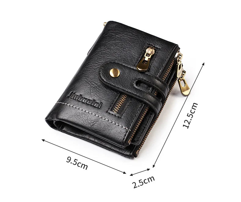 JINBAOLAI New Men's Wallet Chain Retro Double Zipper Coin Pocket Male Wallet Money Clips Multi Card Wallet For Men