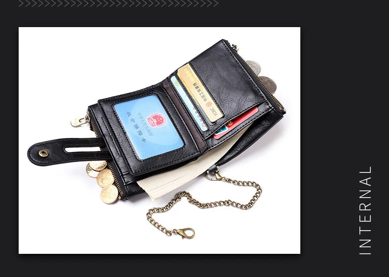 JINBAOLAI New Men's Wallet Chain Retro Double Zipper Coin Pocket Male Wallet Money Clips Multi Card Wallet For Men