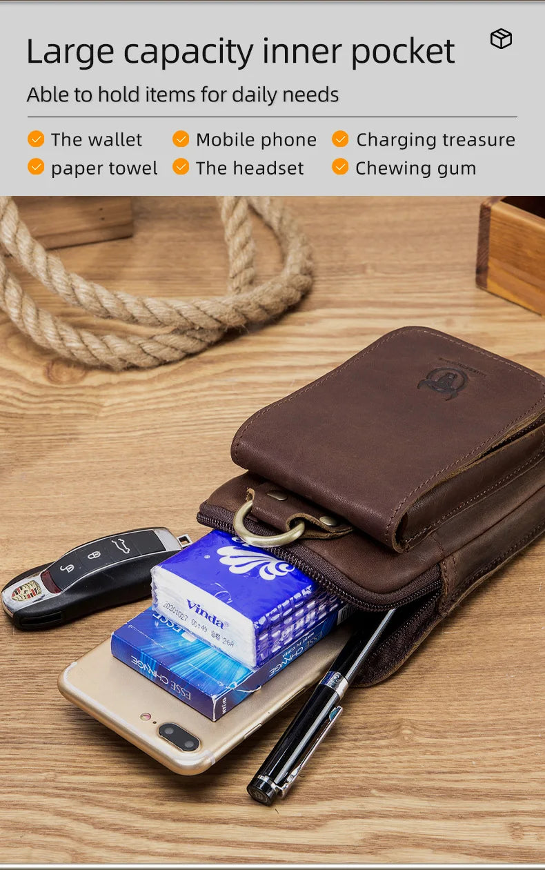 BULLCAPTAIN Fashion Quality Leather Small Summer Pouch Hook Design Waist Pack Bag Cigarette Case 6" Phone Pouch Waist Belt Bag