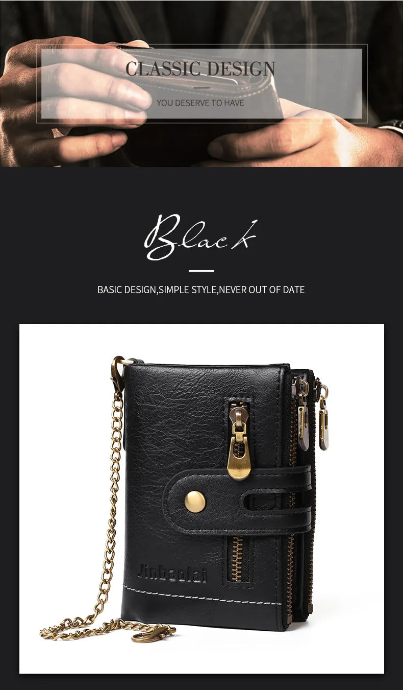 JINBAOLAI New Men's Wallet Chain Retro Double Zipper Coin Pocket Male Wallet Money Clips Multi Card Wallet For Men