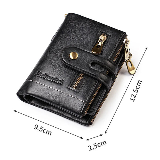 JINBAOLAI New Men's Wallet Chain Retro Double Zipper Coin Pocket Male Wallet Money Clips Multi Card Wallet For Men