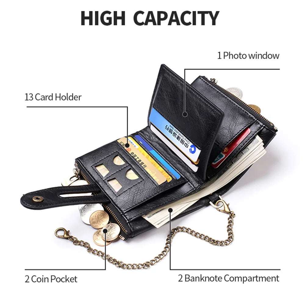 JINBAOLAI New Men's Wallet Chain Retro Double Zipper Coin Pocket Male Wallet Money Clips Multi Card Wallet For Men