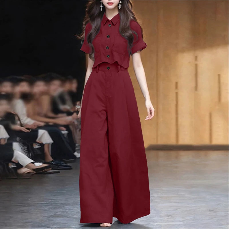 ZANZEA Plus Size 5XL Women Pant Sets Summer Two-piece Outfits Fashion Short Sleeve Shirts and High Waist Wide Leg Pants Suits