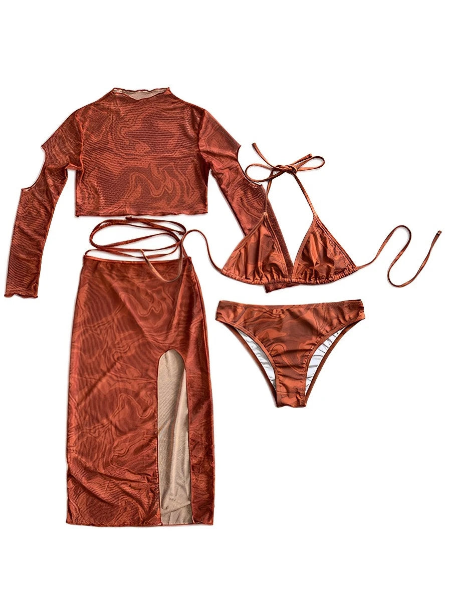 2025 Halter String 4 Piece Vent Long Skirt Bikini Swimsuit Women Swimwear Female Bather Bathing Swimming Swim Suit Beachwear