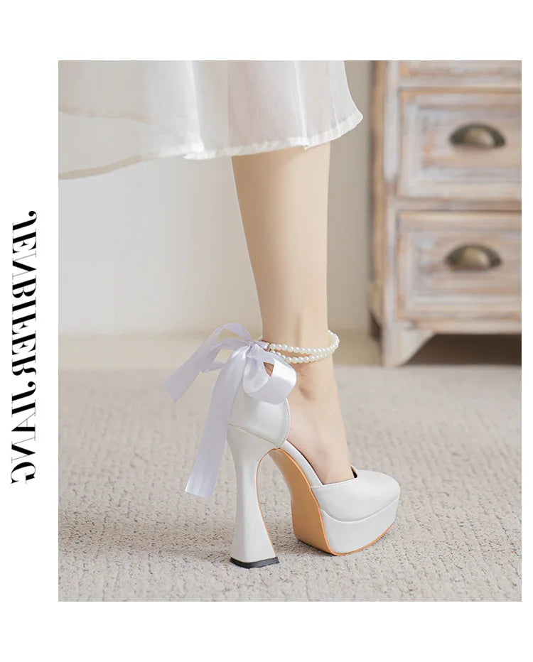 2025 Summer High Heels Womens Sandals Fashion Super High Heels Sandals Bow One Word Buckle Square Head Coarse Heels Ladies Shoes