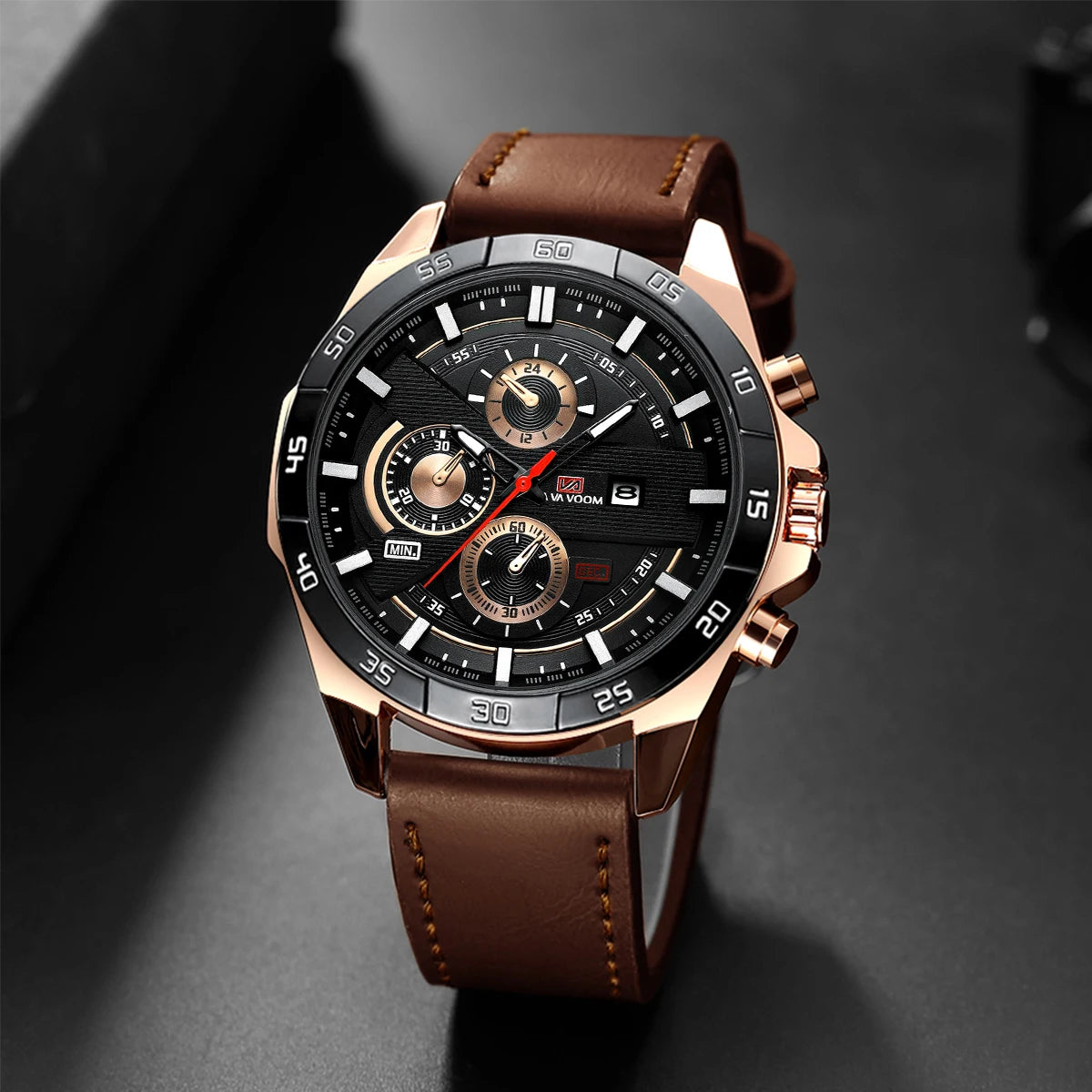 Black Leather Watch Top Brand Motorsport Series 46mm Large Military Style Quartz Movement Decorative Calendar Watch reloj hombre