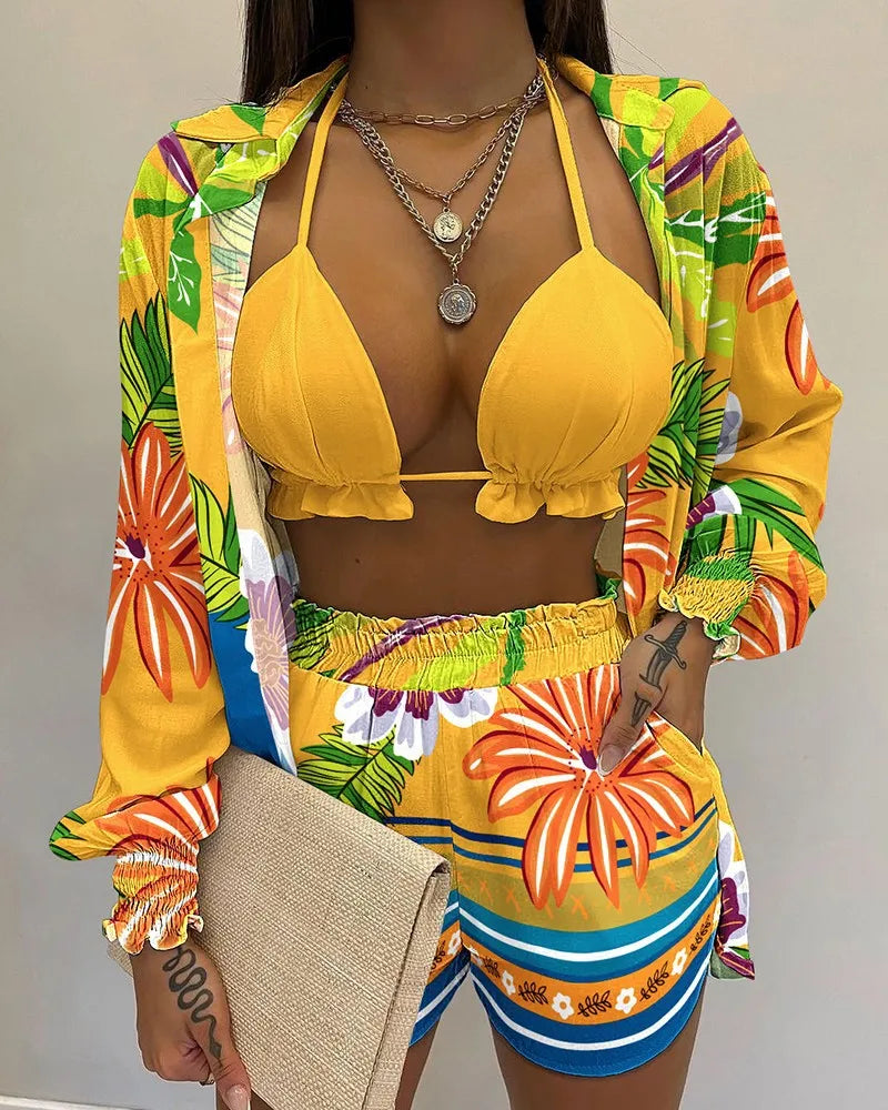Three Pieces Swimwear Sexy Beachwear High Waist Bikini Set Print Women's Swimsuit
