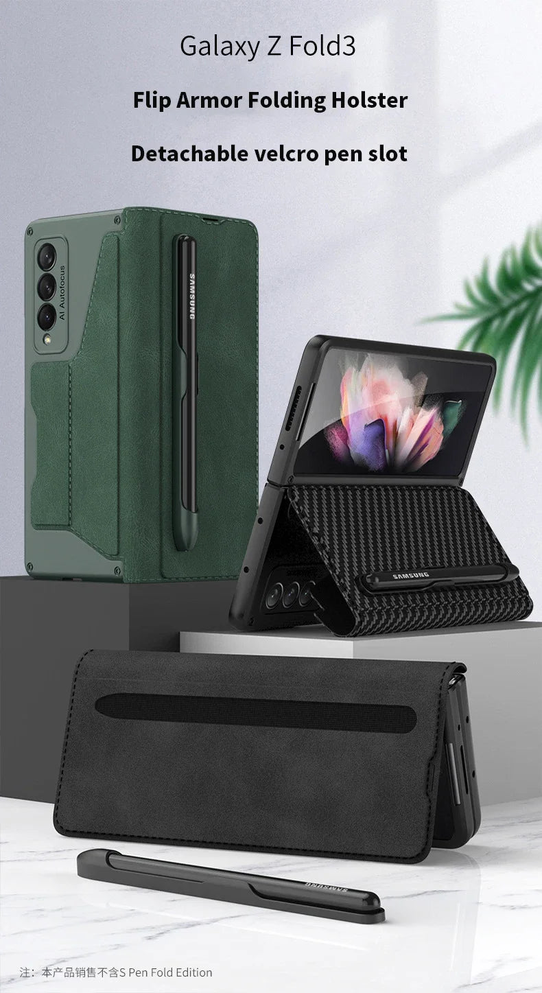 Card Slot Flip Wallet Leather Z Fold5 Fold6 Case For Samsung Galaxy Z Fold 6 5 4 3 5G With Removable S Pen Slot Holder Cover