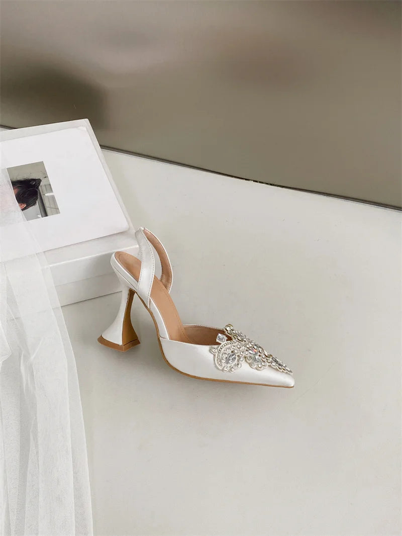 Liyke Spring Summer Fashion Crystal Rhinestone Women Pumps Sexy Pointed Toe Red High Heels Party Wedding Prom Shoe Sandal Female