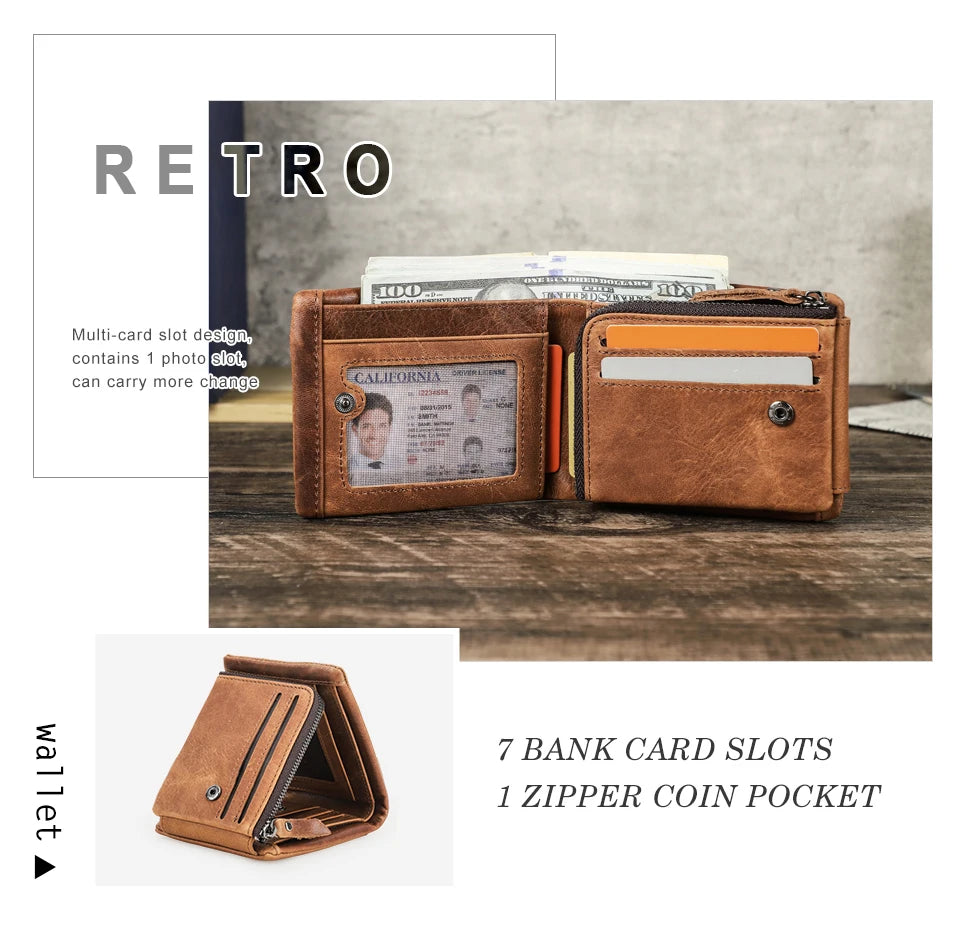CONTACT'S Genuine Crazy Horse Leather Men Wallets Vintage Trifold Wallet Zip Coin Pocket Purse Cowhide Leather Wallet For Mens