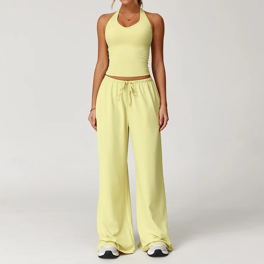 Yoga yellow gym Set 2 Pieces Women Clothes Workout Outfits Fitness Sportswear Wide leg straight pants Tracksuit Sports Tank suit