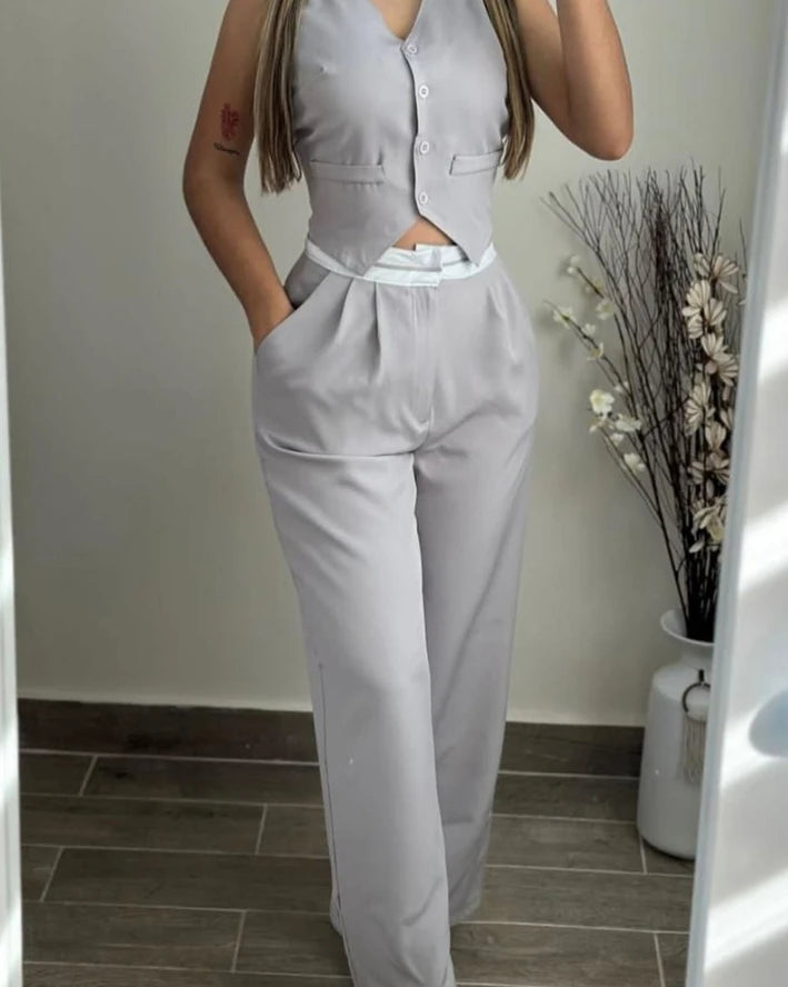 Women's Two Piece Elegant Commuting V-Neck Buttoned Vest Top and Contrast Paneled High Waist Pocket Design Wide Leg Pants Set