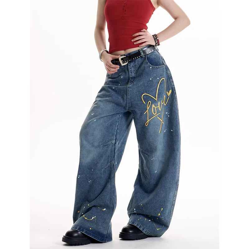 ZHIZOU Women Blue Baggy Y2k Jeans Harajuku Vintage Denim Trousers Japanese 2000s Style Oversize Jean Long Pants Trashy Clothes