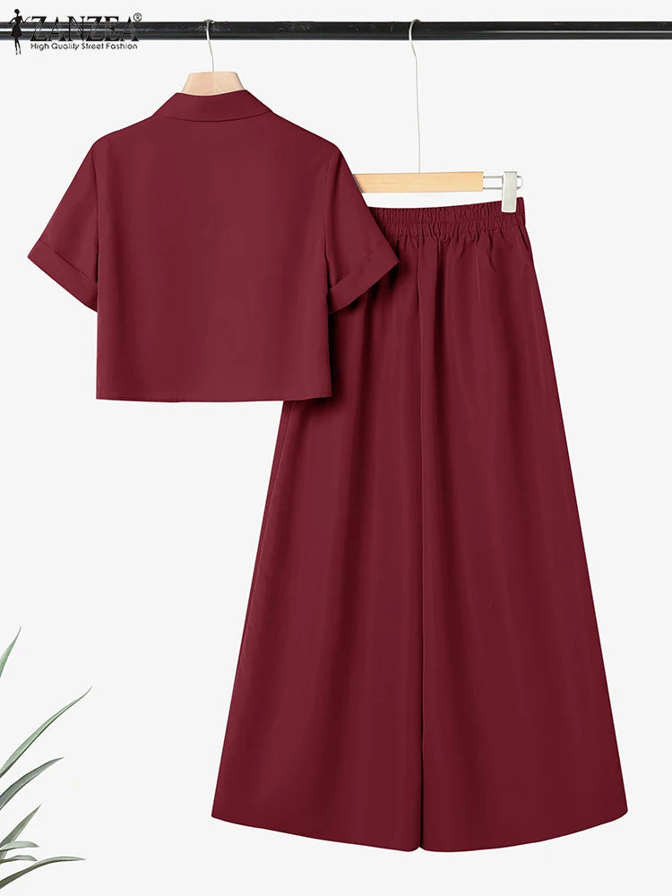 ZANZEA Plus Size 5XL Women Pant Sets Summer Two-piece Outfits Fashion Short Sleeve Shirts and High Waist Wide Leg Pants Suits