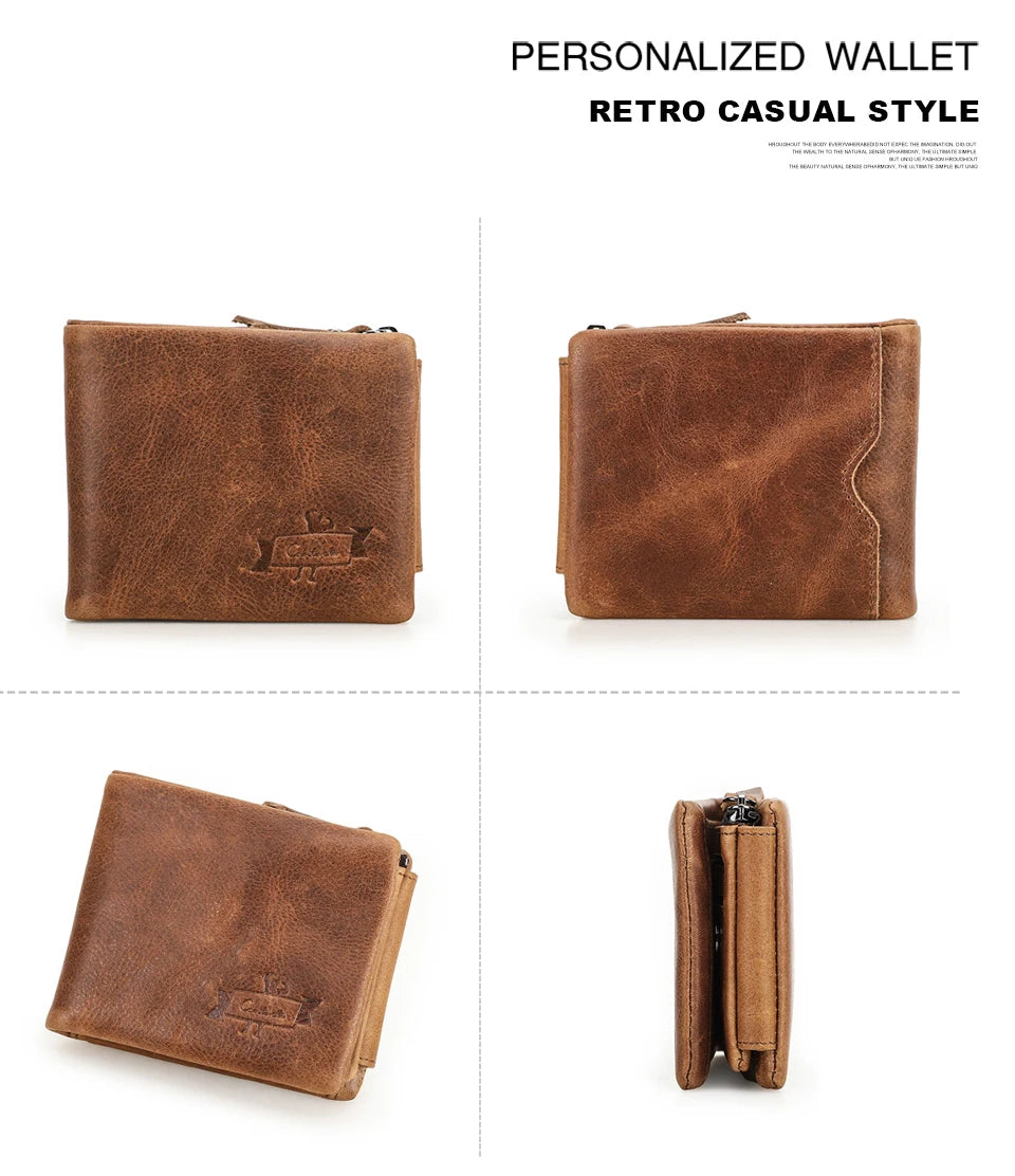 CONTACT'S Genuine Crazy Horse Leather Men Wallets Vintage Trifold Wallet Zip Coin Pocket Purse Cowhide Leather Wallet For Mens