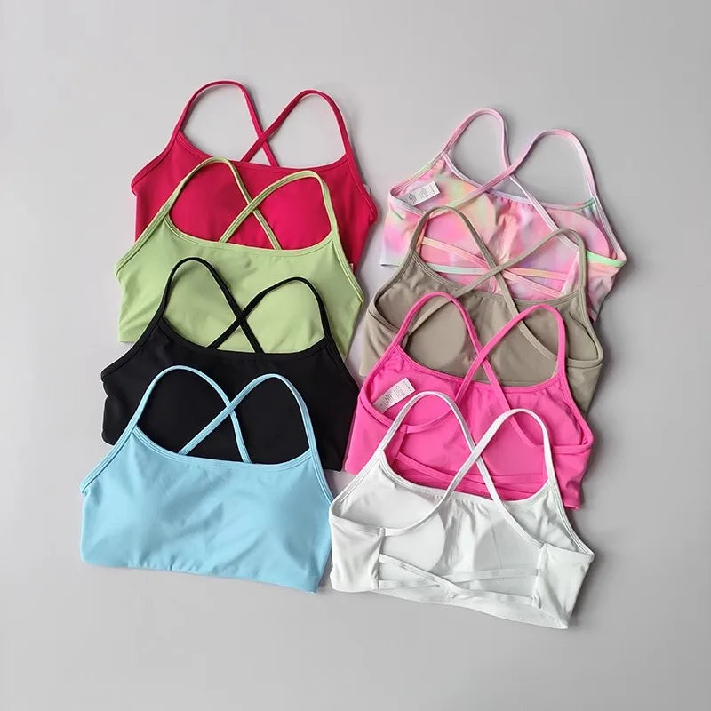 Women's Solid Color Fitness Bra Soft Cross Back Gym Sports Top with Chest Pad Push-Up Yoga Vest Sport Bra Yoga Gym Crop Top