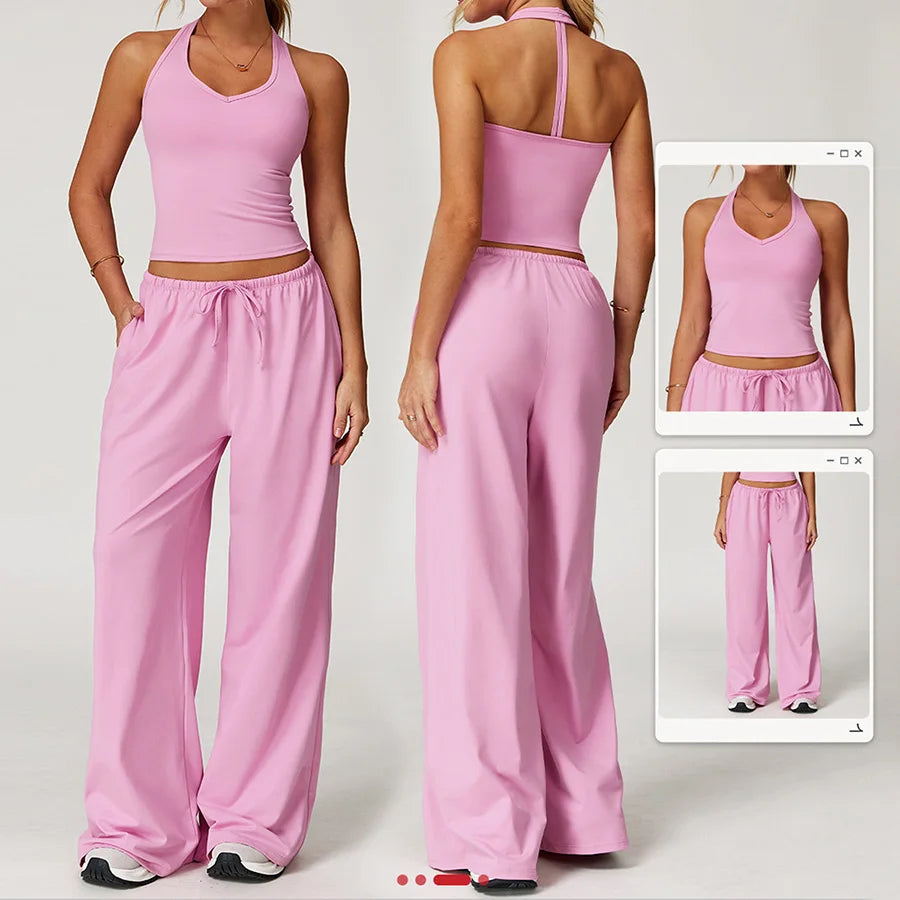 Yoga yellow gym Set 2 Pieces Women Clothes Workout Outfits Fitness Sportswear Wide leg straight pants Tracksuit Sports Tank suit