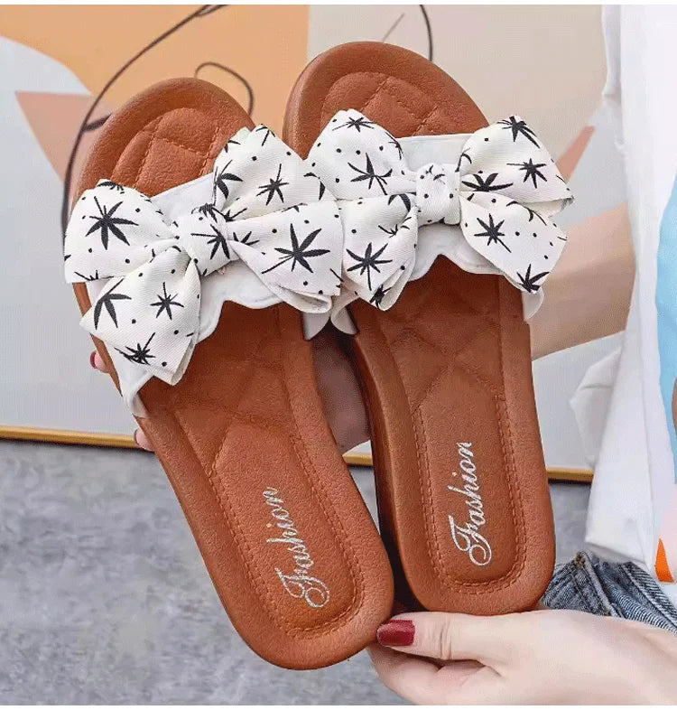 2024 Summer PVC Bow Women Sandals 3cm Thick Casual Shoes One line Elevated Flat Bottom Slippers