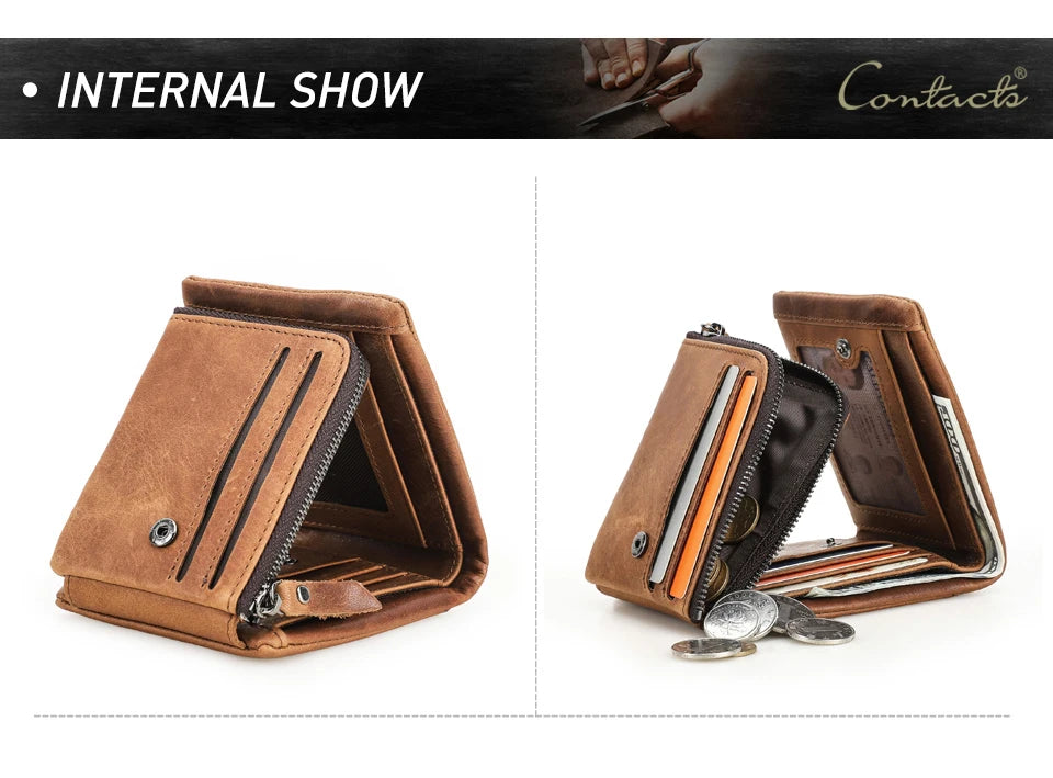 CONTACT'S Genuine Crazy Horse Leather Men Wallets Vintage Trifold Wallet Zip Coin Pocket Purse Cowhide Leather Wallet For Mens