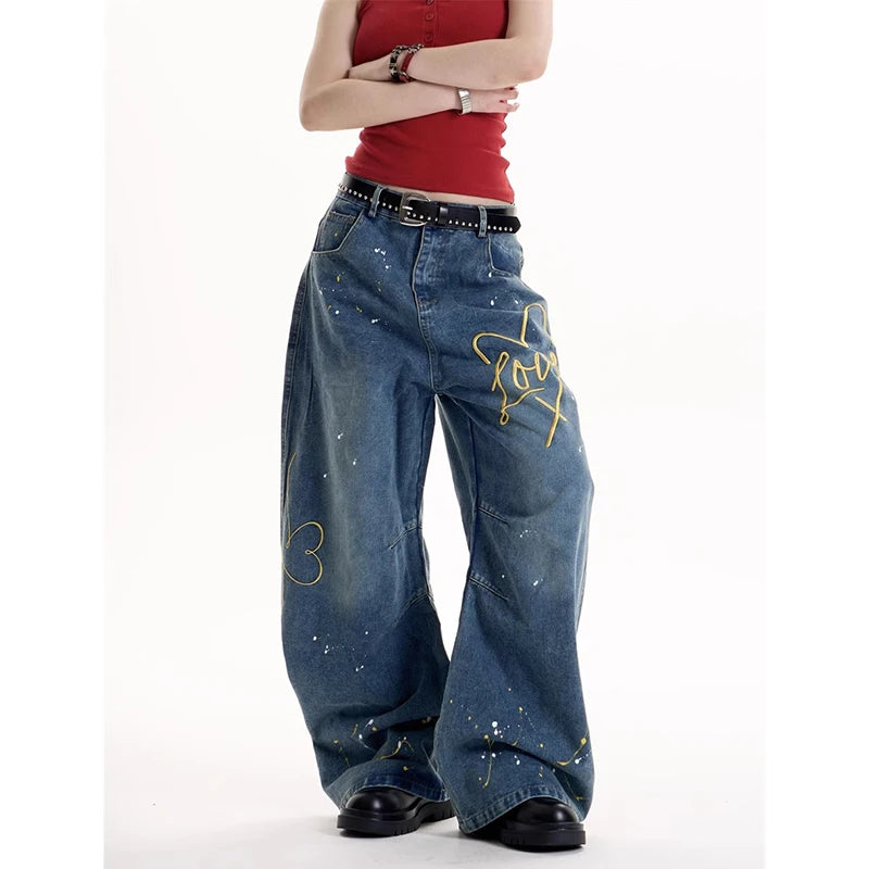 ZHIZOU Women Blue Baggy Y2k Jeans Harajuku Vintage Denim Trousers Japanese 2000s Style Oversize Jean Long Pants Trashy Clothes