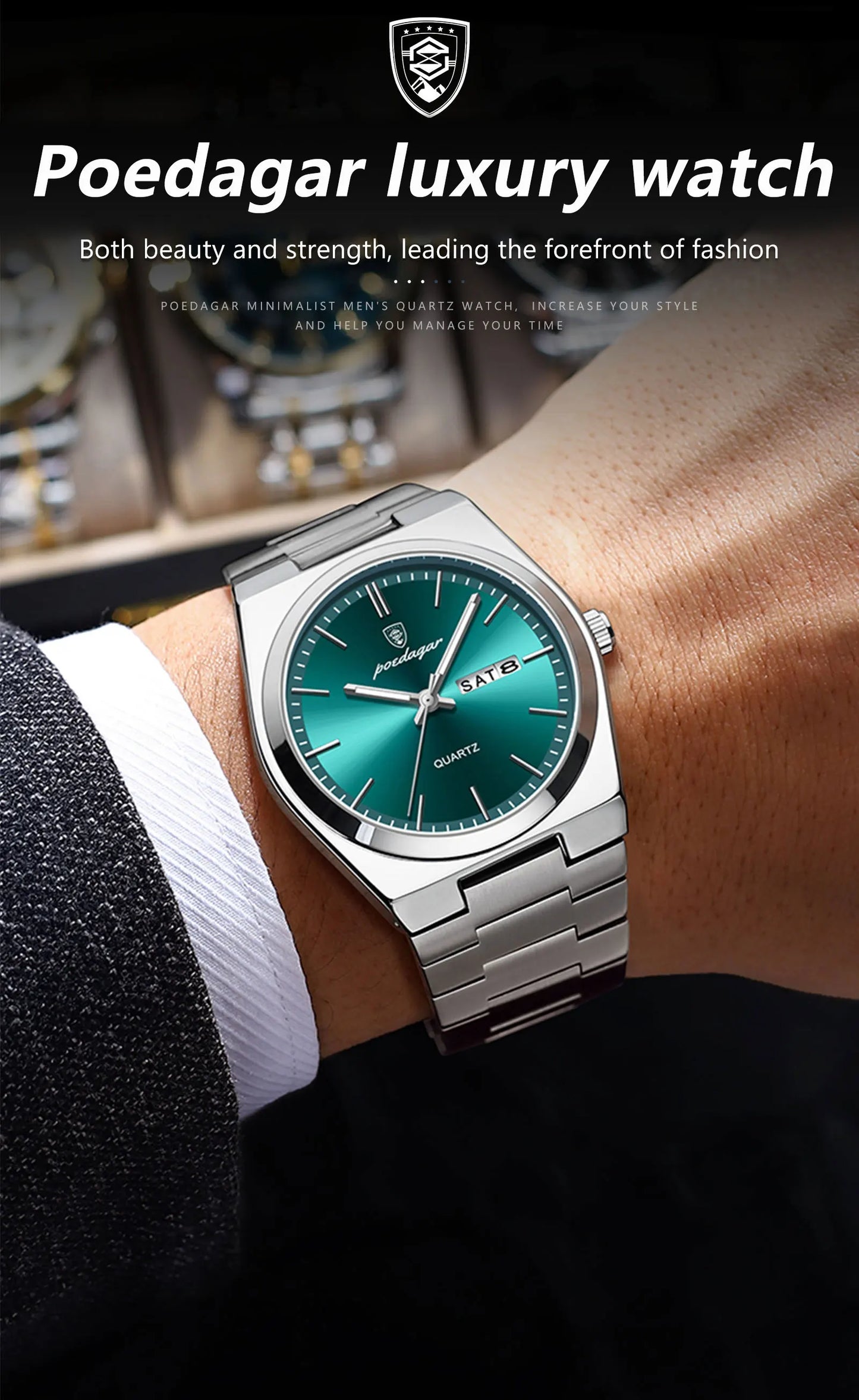 POEDAGAR Luxury Sport Quartz Man Wristwatch Waterproof Luminous Date Week Men Watches Stainless Steel Men's Watch Male Reloj+box