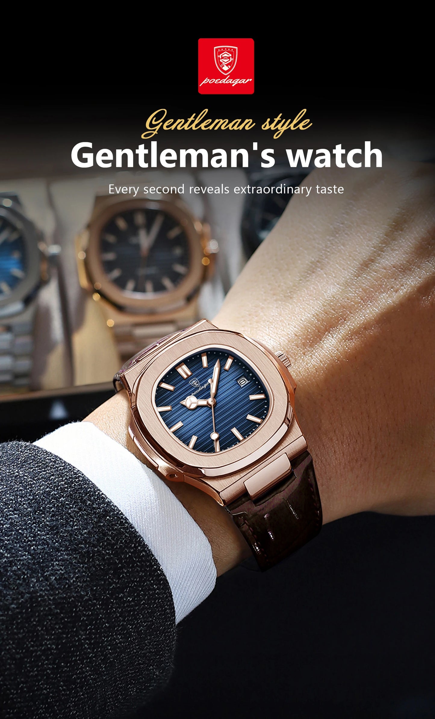 POEDAGAR Top Luxury Square Man Watch Date Waterproof Luminous Quartz Men Watches High Quality Fashion Sports Leather Men's Watch