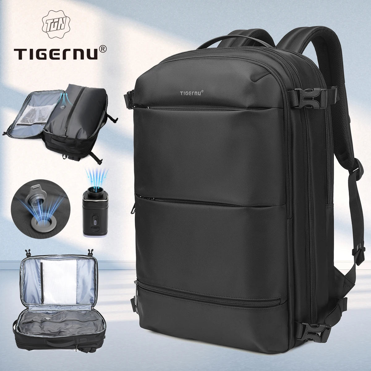 Tigernu Vacuum Compression Backpacks Men Travel Backpack Expandable USB Bag Large Capacity 17 Laptop Bags For Schoo Cabin Bags