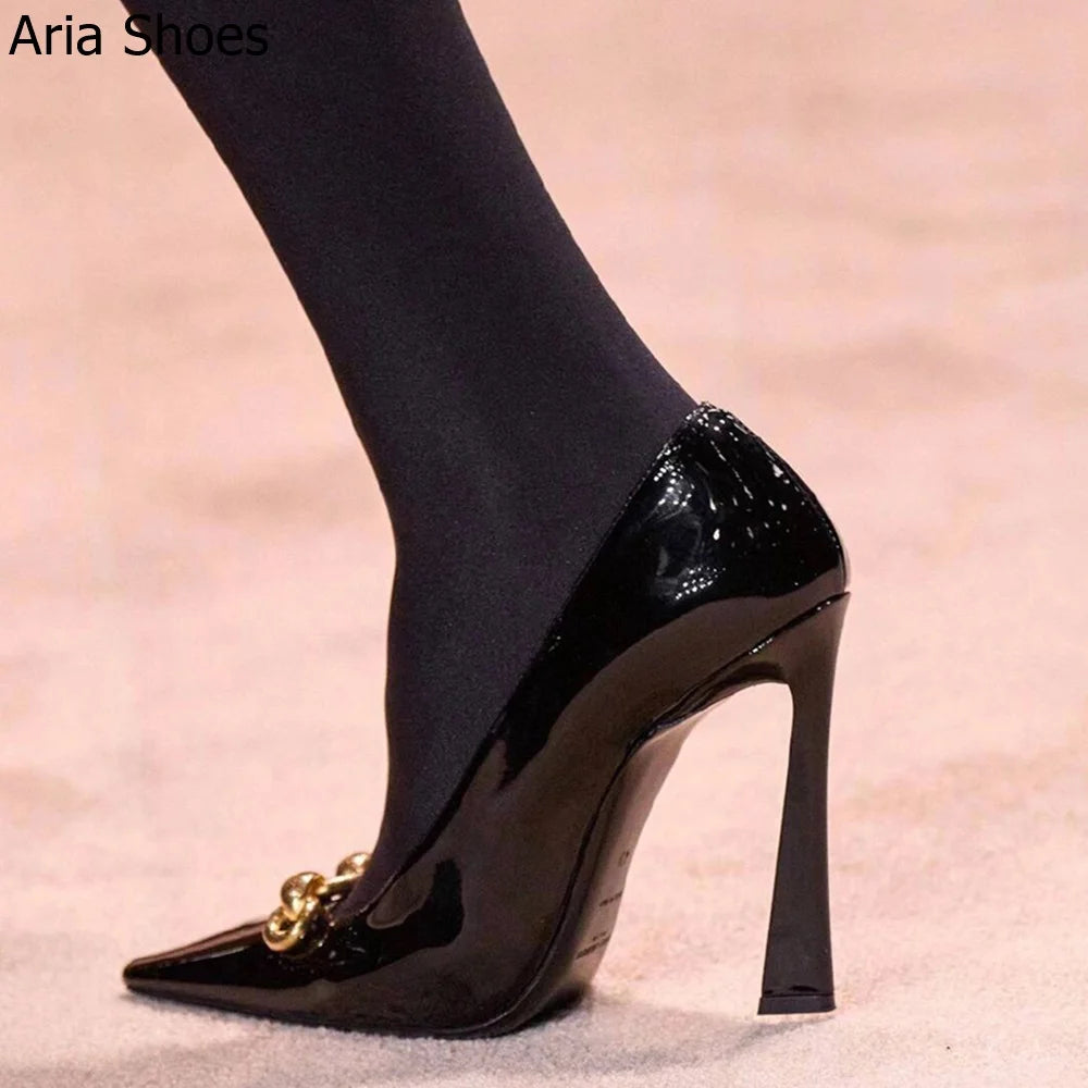 2025 New Summer Black High Heels Women's French Design Elegant 10Cm Stiletto Pumps Slip On Leather Pointed Toe Metal Buckle Shoe
