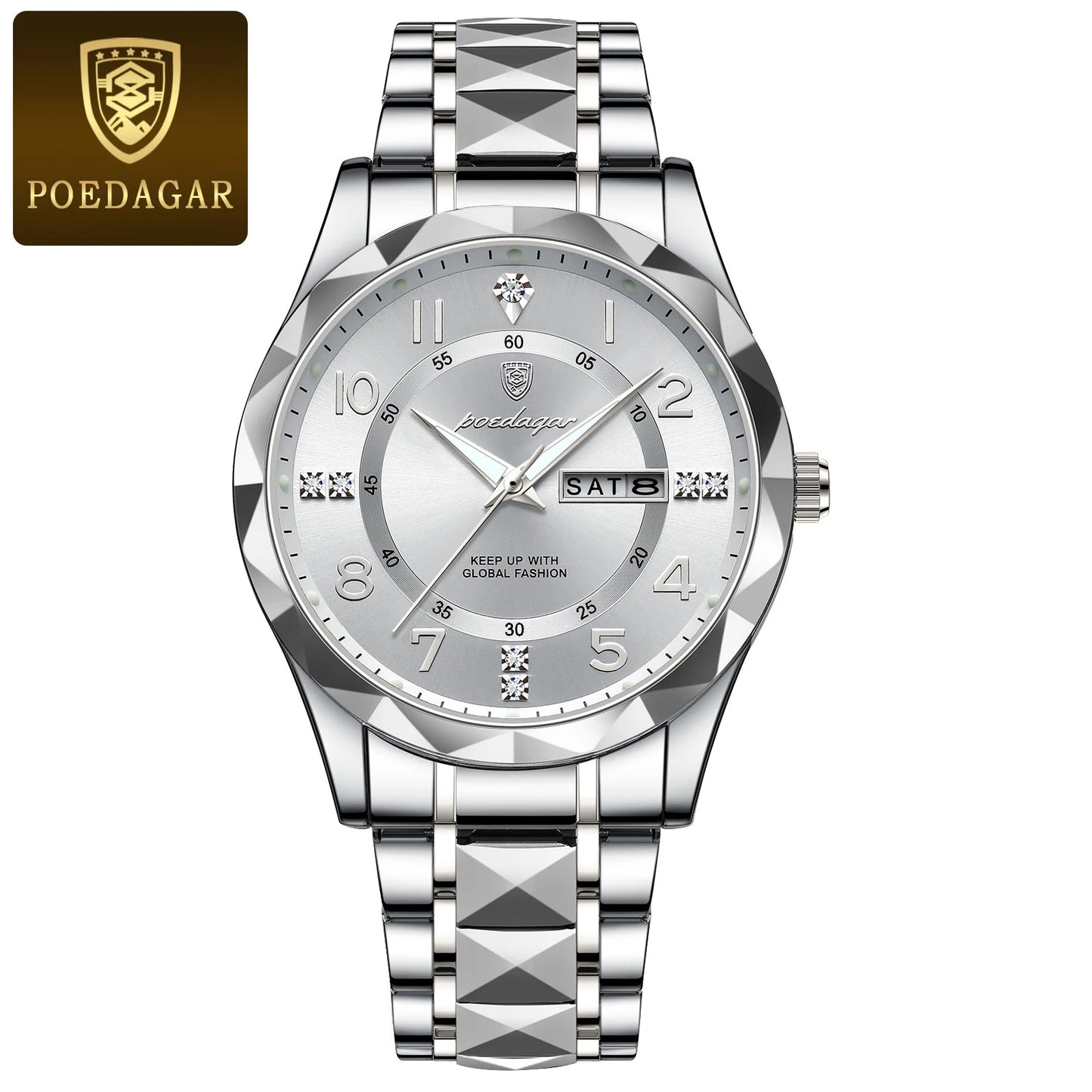 POEDAGAR Luxury Business Men's Wristwatch Stainless Steel Date Week Man Watch Waterproof Luminous Fashion Quartz Watches For Men