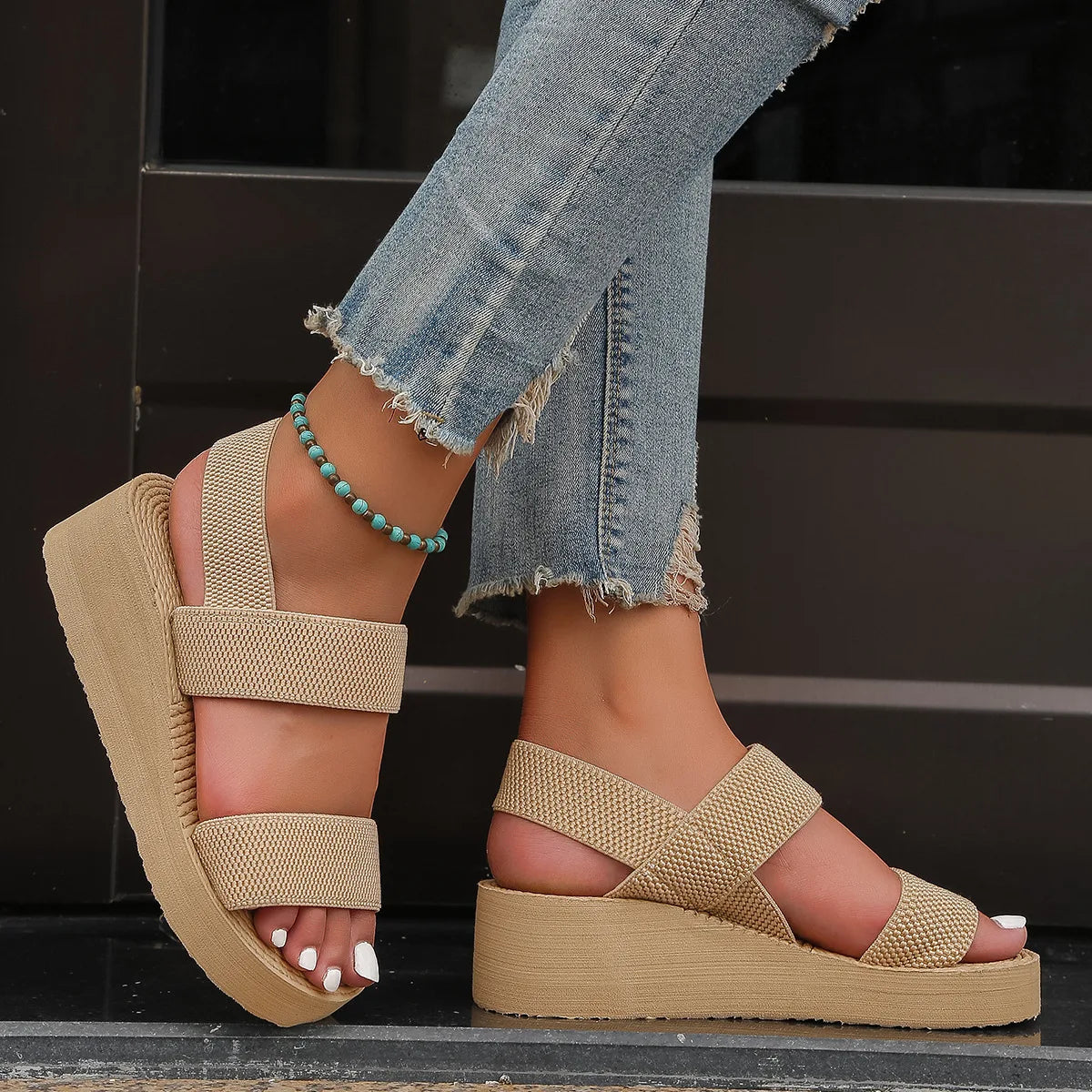 Women's Leisure Wedge Sandals Open Toe Thick Soled Platform Summer Casual Shoes Back Strap Light Weight Ladies Slingback Sandals