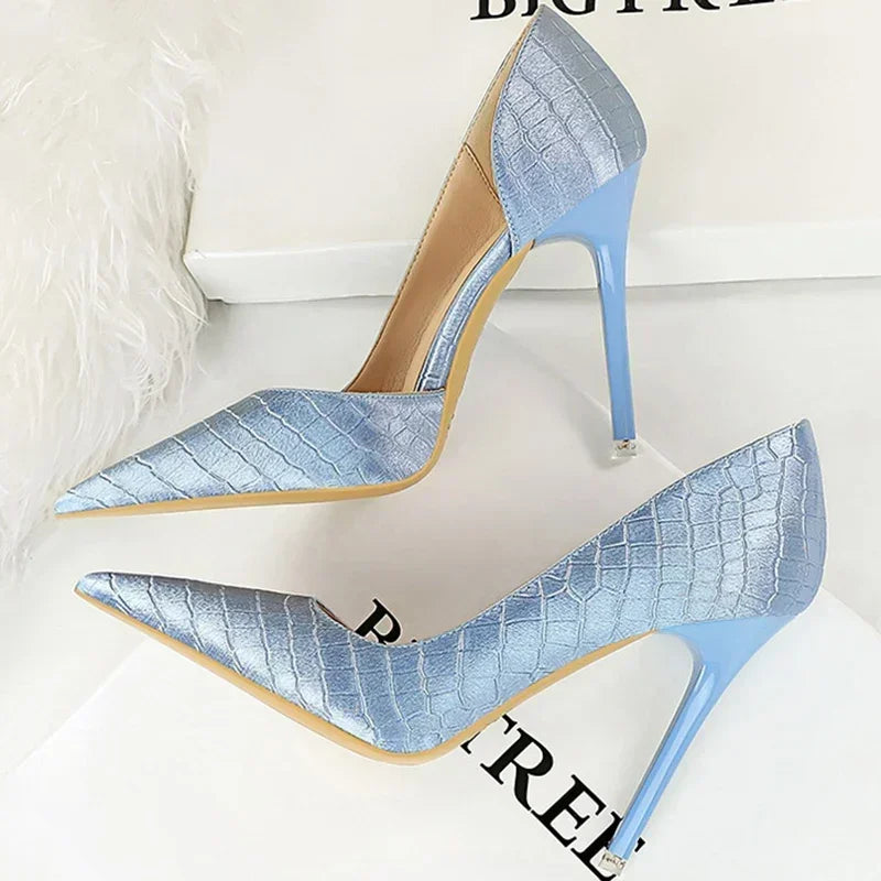 Women 11cm High Heels Retro Green Blue Fashion Catwalk Pumps Lady Silk Satin Heels Stone Pattern Design Shoes Plus Size 34-43
