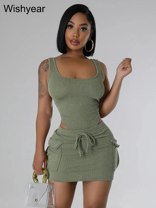 Swimsuit 2 Pieces Set Women Mini Skirts with Pocket Beach Outfits