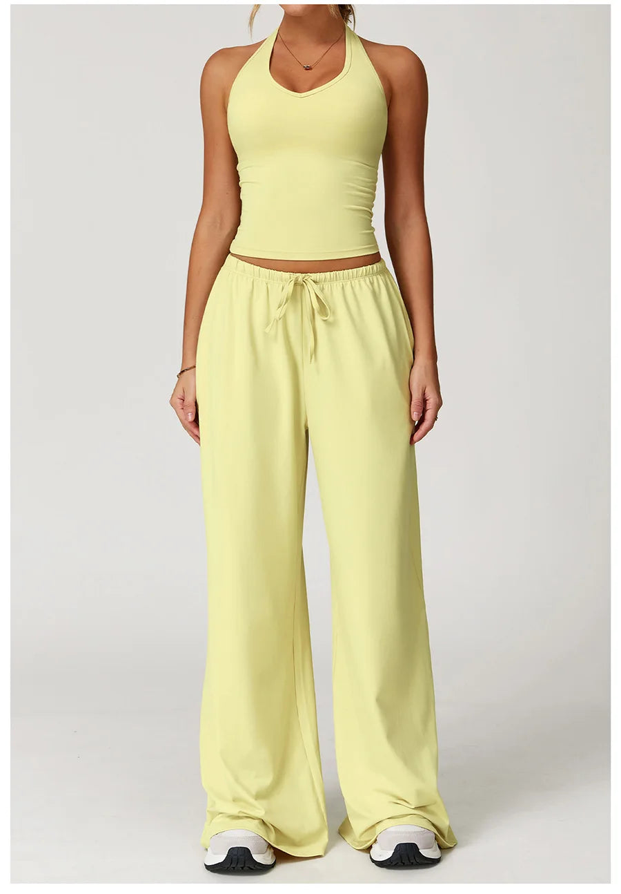 Yoga yellow gym Set 2 Pieces Women Clothes Workout Outfits Fitness Sportswear Wide leg straight pants Tracksuit Sports Tank suit