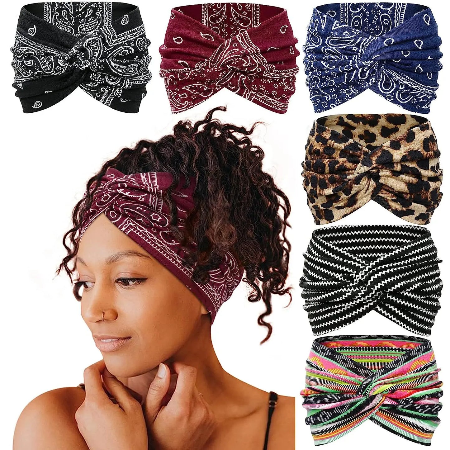 Yoga Headbands For Women's Hair Wide Thick Stretchy Boho African Turban Knotted Leopard Head Bands
