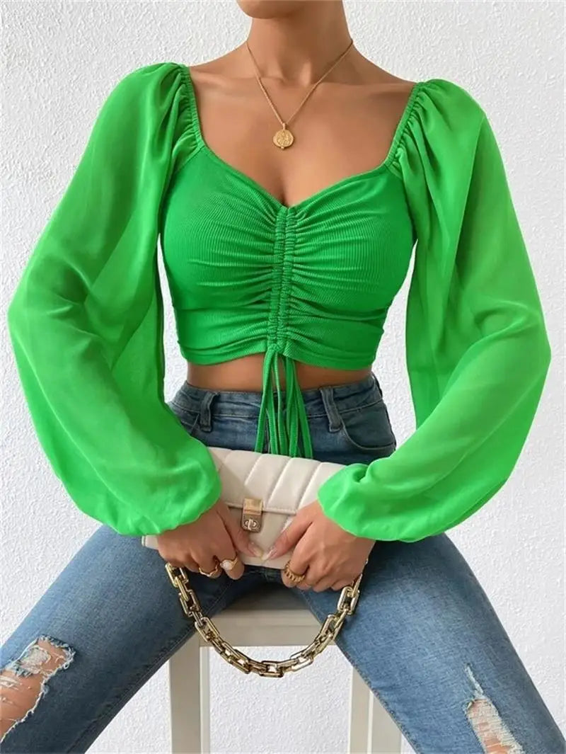 Ladies Summer Casual Drawstring Crop Tops Tee