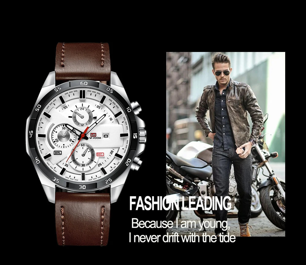 Black Leather Watch Top Brand Motorsport Series 46mm Large Military Style Quartz Movement Decorative Calendar Watch reloj hombre