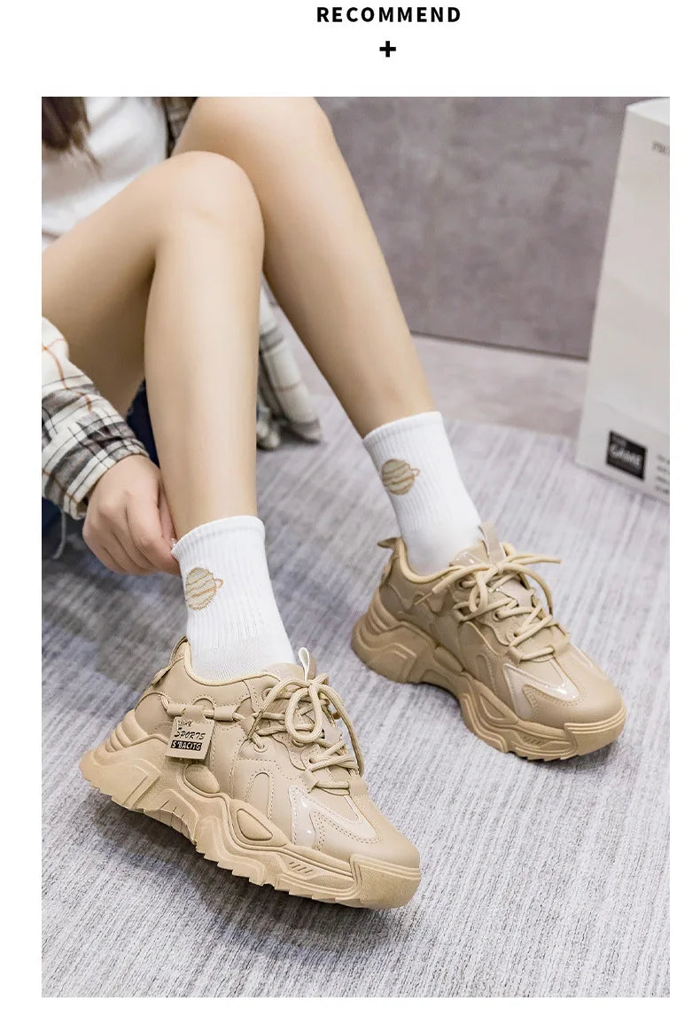 Women's Shoes Platform Autumn Leather 2023 New Versatile Black Casual Sneaker Solid Color Lace-up Vulcanize Shoes Tenis Feminino