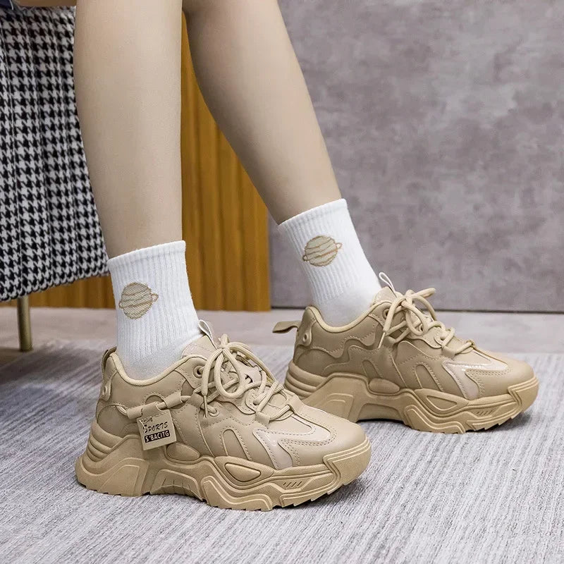 Women's Shoes Platform Autumn Leather 2023 New Versatile Black Casual Sneaker Solid Color Lace-up Vulcanize Shoes Tenis Feminino