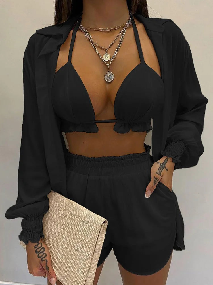 Three Pieces Swimwear Sexy Beachwear High Waist Bikini Set Print Women's Swimsuit