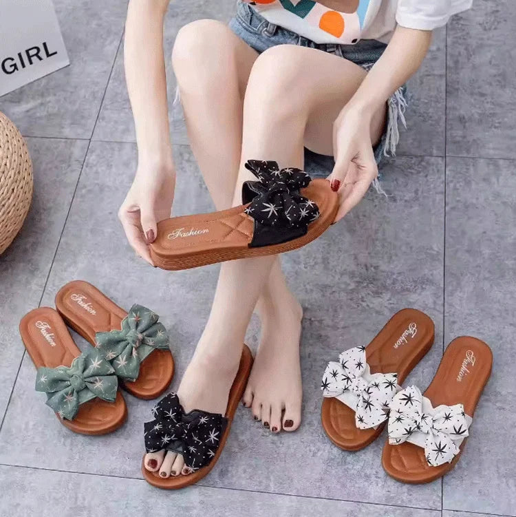 2024 Summer PVC Bow Women Sandals 3cm Thick Casual Shoes One line Elevated Flat Bottom Slippers